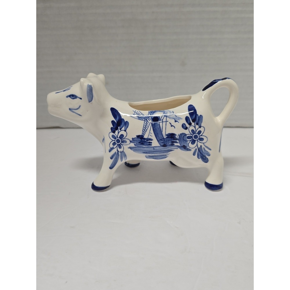 Vintage Delft Blue Cow Creamer Hand Painted Ceramic Holland Floral, Cottagecore